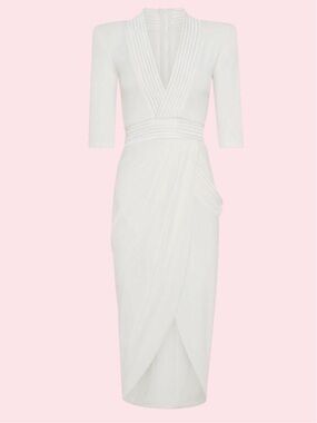 Zhivago White Midi Dress with Pleated V-Neck